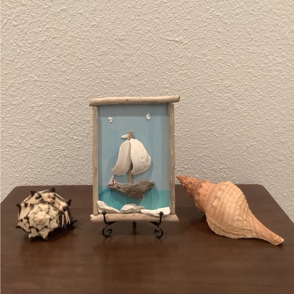 Driftwood Art, Seashell Sailboat & Birds, Driftwood Coastal Art